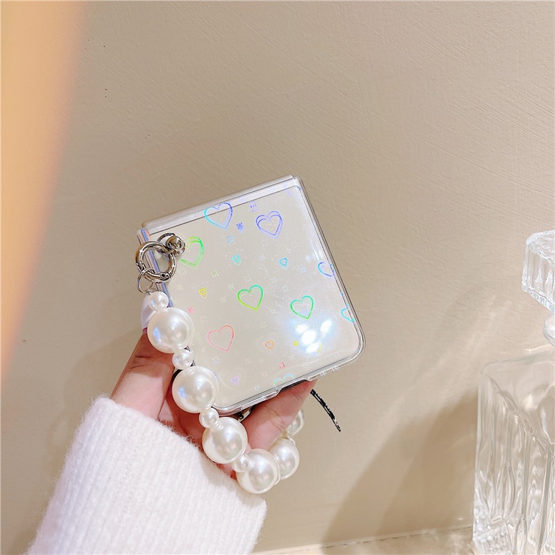 Ốp Điện Thoại PC Cứng Có Vòng Tay Đính Ngọc Trai Laser Cho Samsung Galaxy Z Flip 3 3 5G Z Flip3 ZFlip 3 5G