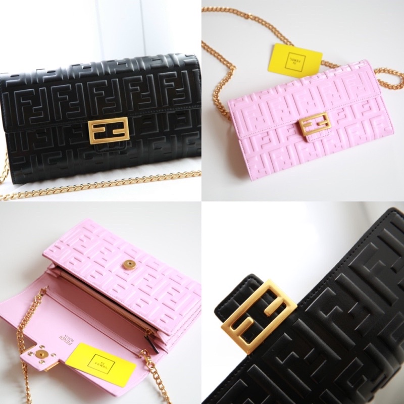 Ví W466-24 Clutch Fendi fullbox tag vàng vân da dập nổi kèm quai xinh Sang