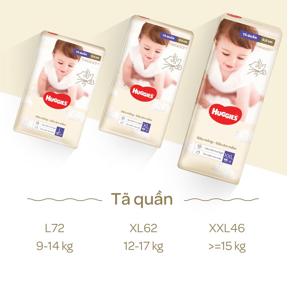 Tã quần/dán Cao cấp Huggies Thin &amp; Soft M54/L46/XL42 L44/XL36/XXL28 L72/XL62/XXL46