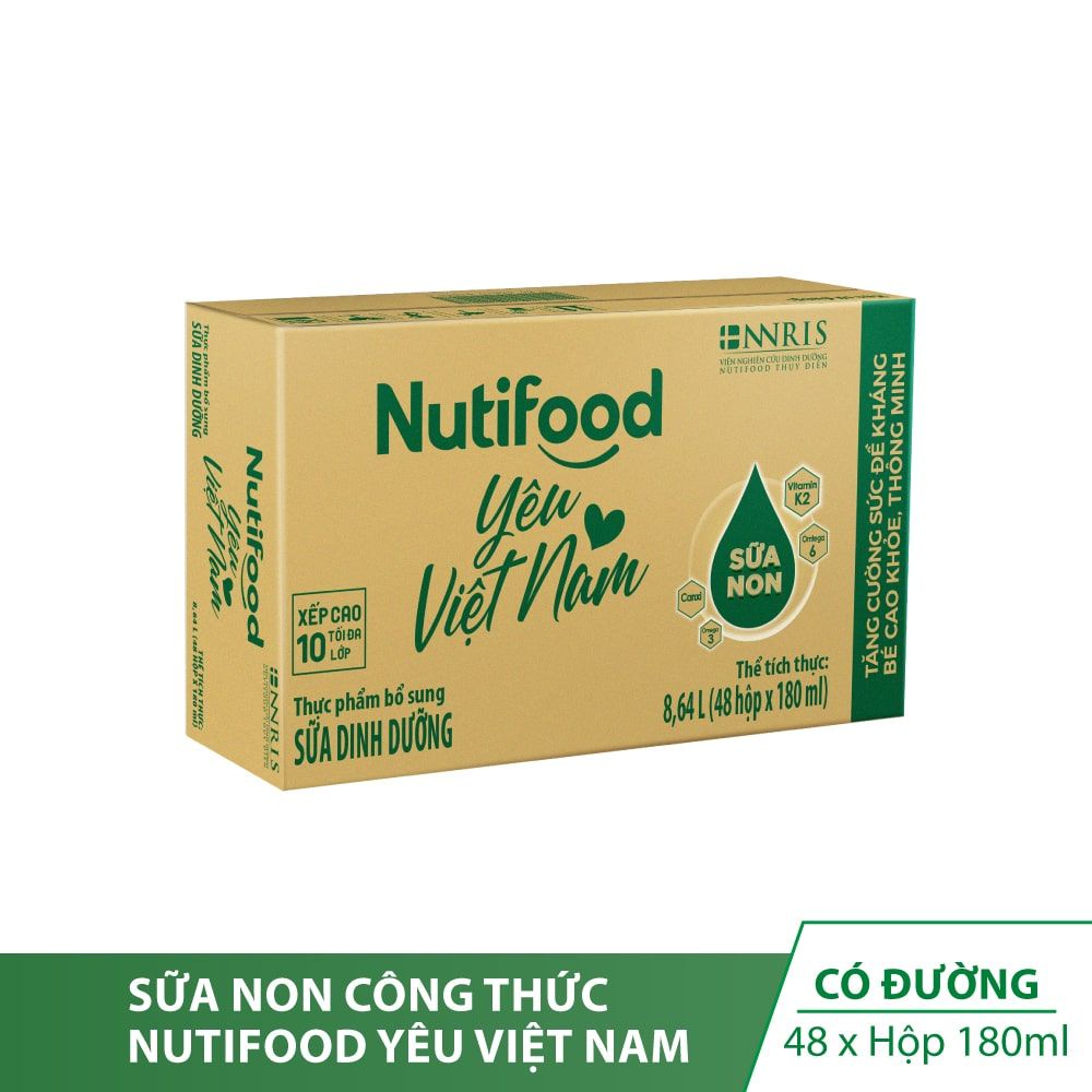 Sữa bột pha sẵn Nutifood, bs sữa non omega 3 và 20 khoáng chất. Thùng 48 hộp x 180ml. Date xa