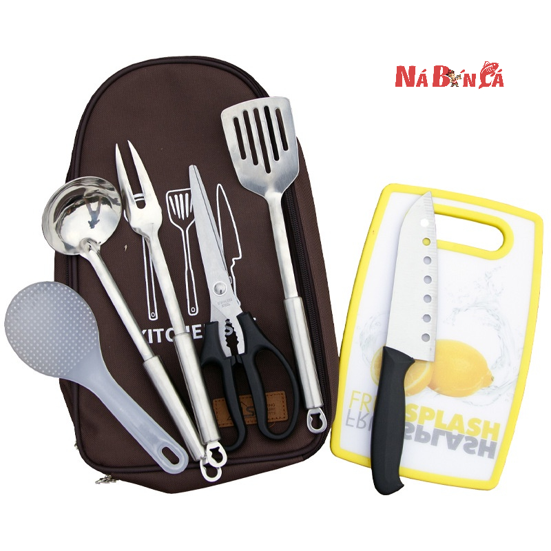 Bộ dụng cụ nấu ăn dã ngoại có túi đựng - Bộ dụng cụ nấu ăn 8 món dùng khi đi du lịch, dã ngoại, cắm trại tiện lợi [DCP5]