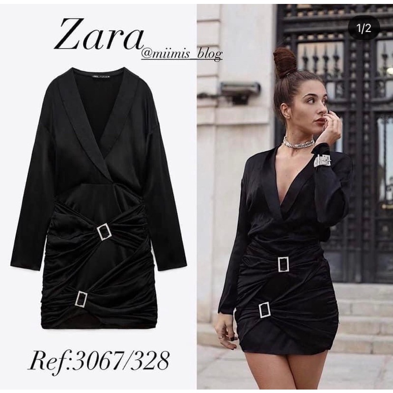 ZARA Đức - Đầm chính hãng auth new tag cao cấp có sẵn sale váy satin đen nút trang sức bạc đính đá lụa 3067/328
