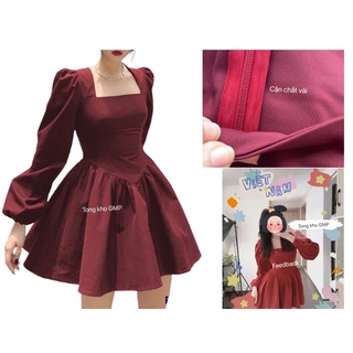  Váy cổ vuông nữ dáng xòe chữ A,đầm màu đỏ chất vân gỗ tôn da mã CKHS78 video shop tự quay 