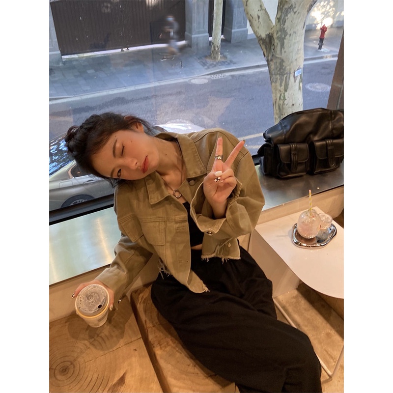 Áo khoác cardigan ngắn vải denim kiểu retro Hong Kong thời trang ngọt ngào cho nữ