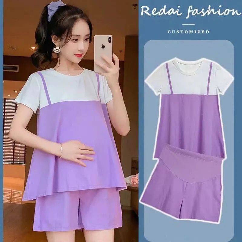 Set Đồ Gồm Áo Tay Ngắn Cổ Tròn Màu Trơn + Quần Ngắn Dáng Rộng Dành Cho Bà Bầu 2021