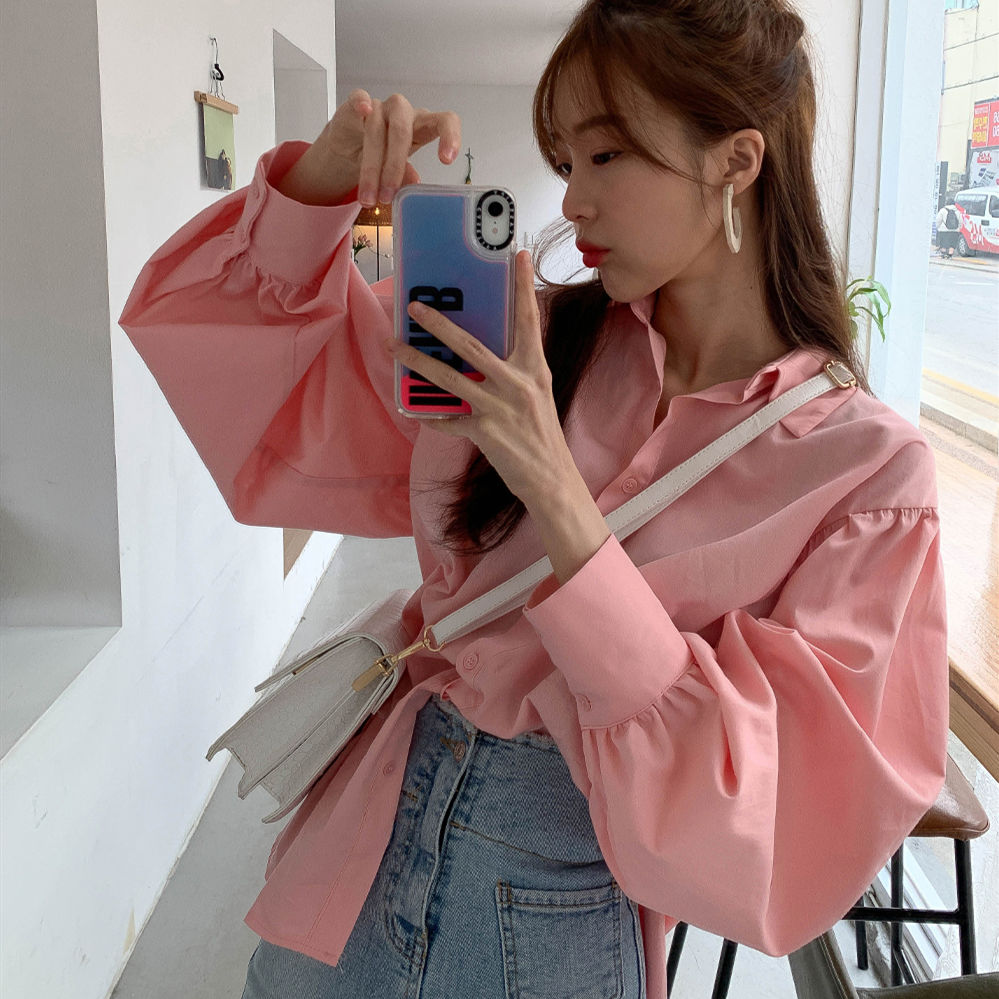 Áo Kiểu Nữ Blouses Women New Korean loose lantern sleeve long sleeve student college style pink