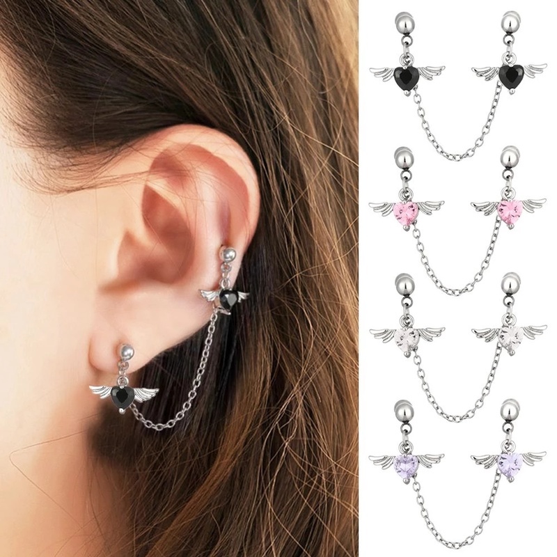 Khuyên Tai Dạng Hạt Tua Rua Đôi Hình Trái Tim Đôi Cánh Thiên Thần Helix Lủng Lẳng