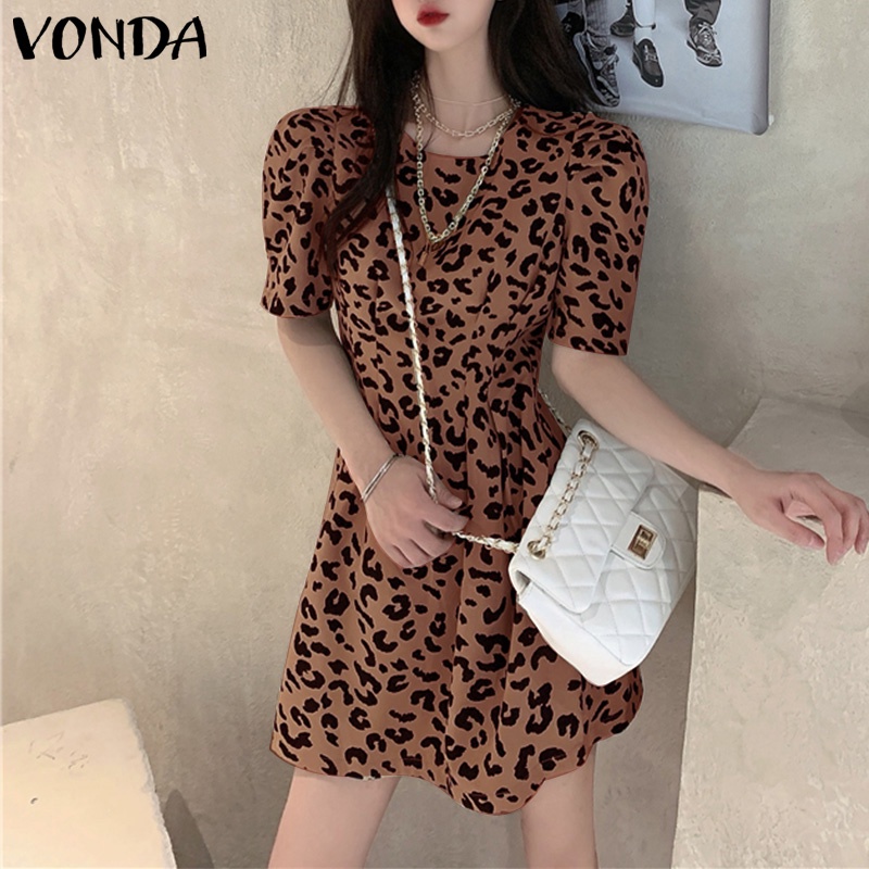 Đầm mini VONDA cổ tròn tay ngắn phồng in họa tiết da báo phong cách Hàn Quốc thời trang dành cho nữ