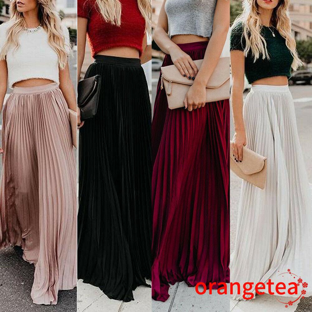 Chân Váy Chiffon Dài Xếp Ly Lưng Cao Thời Trang Cho Nữ