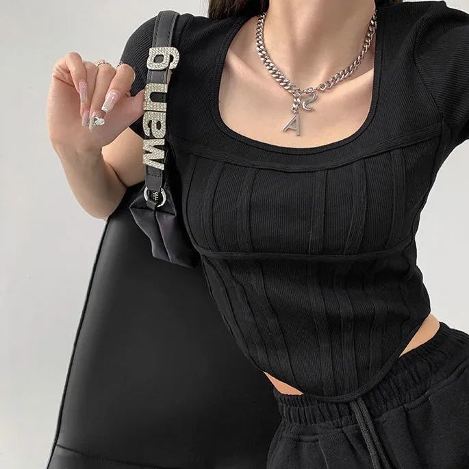 Áo Croptop Dệt Kim Cổ Vuông Thời Trang Mùa Hè Quyến Rũ Cho Nữ