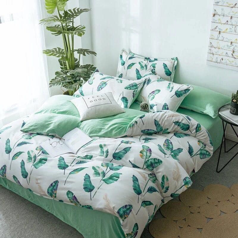 Bộ Chăn Ga Gối Đũi Cotton Mẫu Lá Khoai