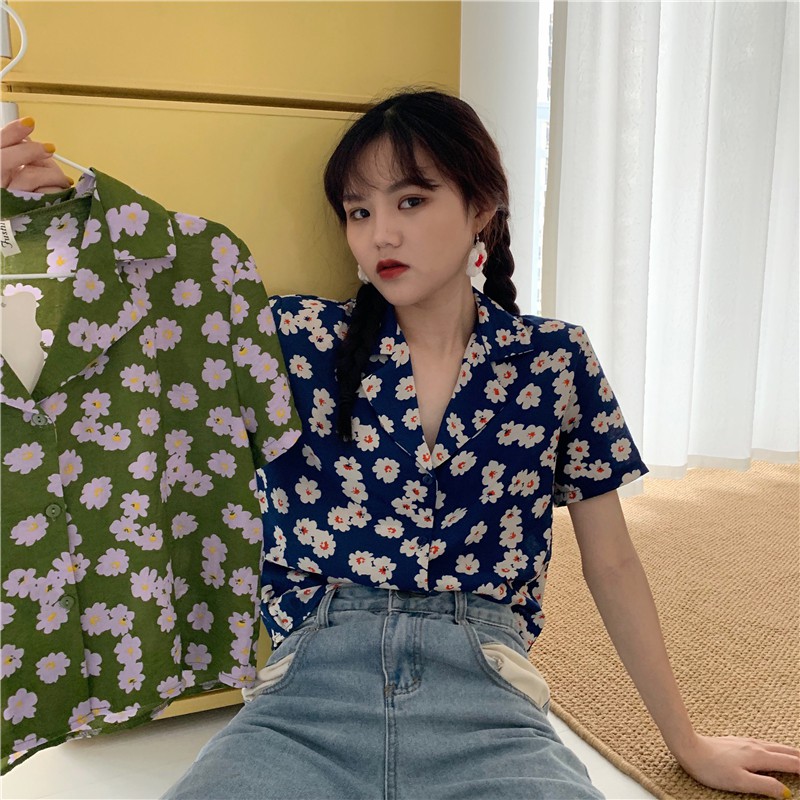 Áo sơ mi kiểu Thiết kế Ngắn tay Form rộng Họa tiết Hoa cúc Ulzzang Hàn Quốc Áo kiểu Thiết kế nữ Tay ngắn