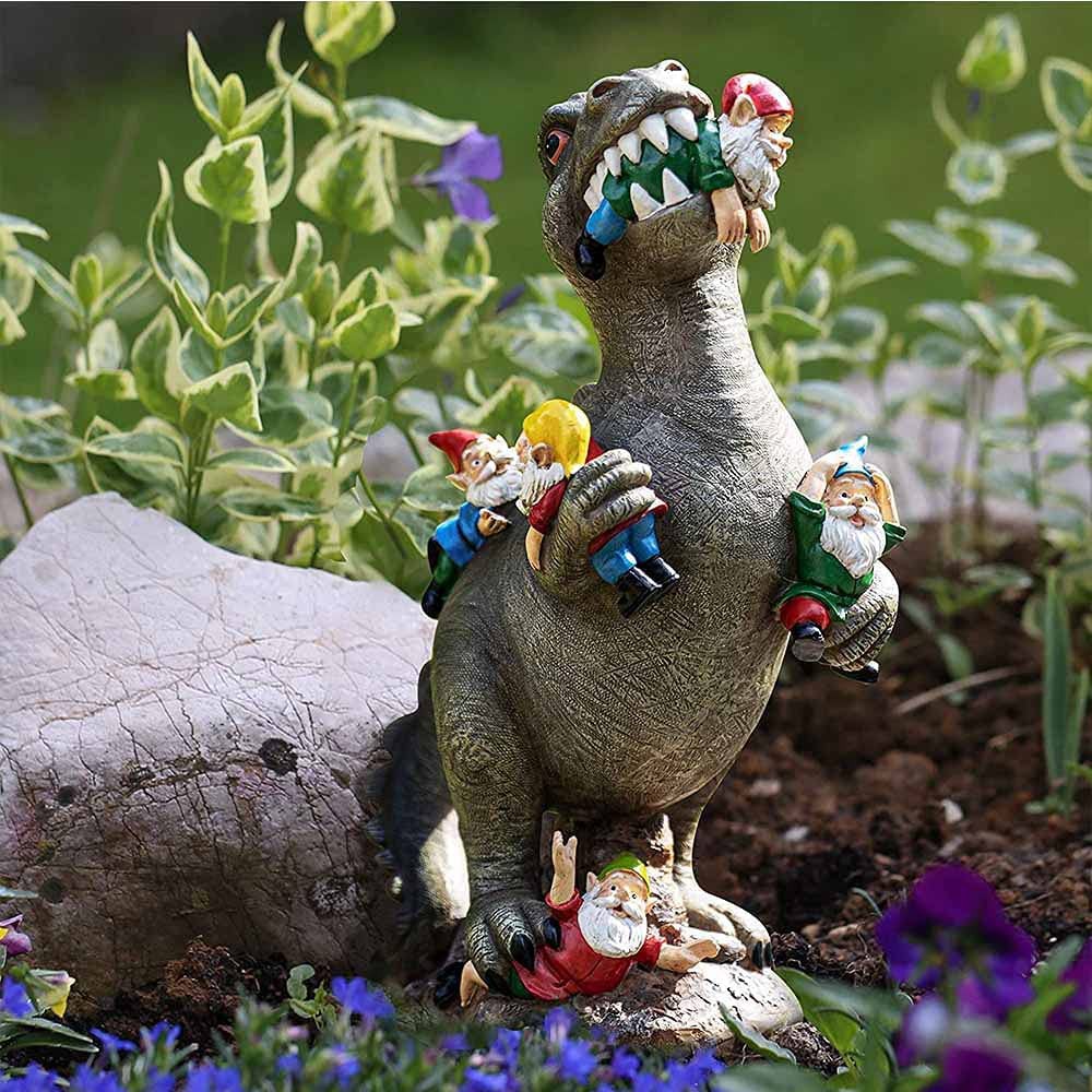 MIOSHOP Funny Garden Statue Cartoon Gnomes Statue Dinosaur Eating Gnomes Patio Lawn Art Decor Creative Indoor Outdoor Photo Props Yard Sculpture