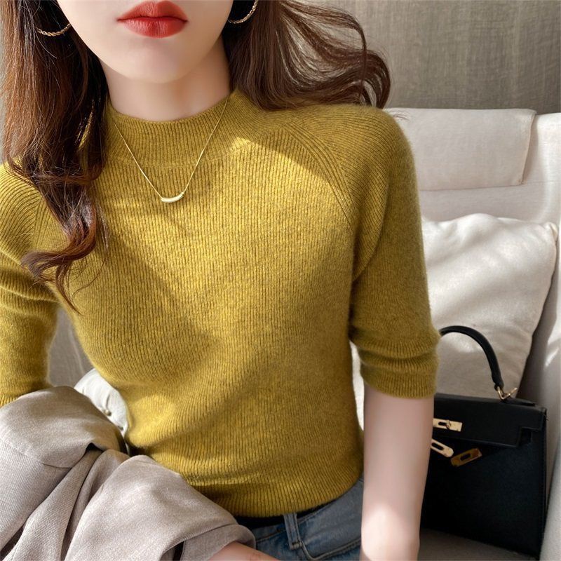 Áo Thun Dệt Kim Tay Lửng Cổ Cao Vừa Màu Trơn Đơn Giản Phong Cách Pháp Thời Trang Xuân Thu Cho Nữ