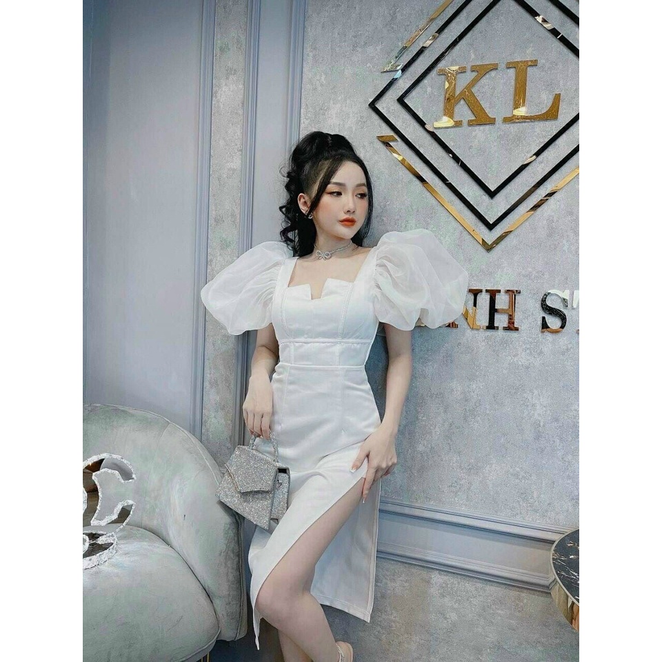 Đầm tay phồng ôm body sẻ tà cổ vuông có mút ngực (chất liệu umu phối voan kiếng) thời trang nữ thiết kế sang trong