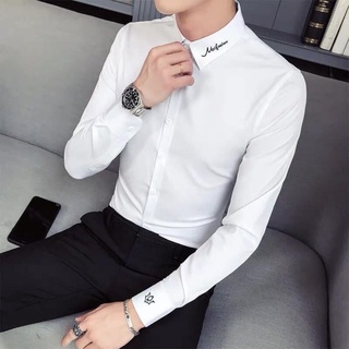 áo sơ mi nam trắng đen thêu họa tiết kiểu mới from slim  hàn quốc cao cấp  - mềm mịn , chống nhăn