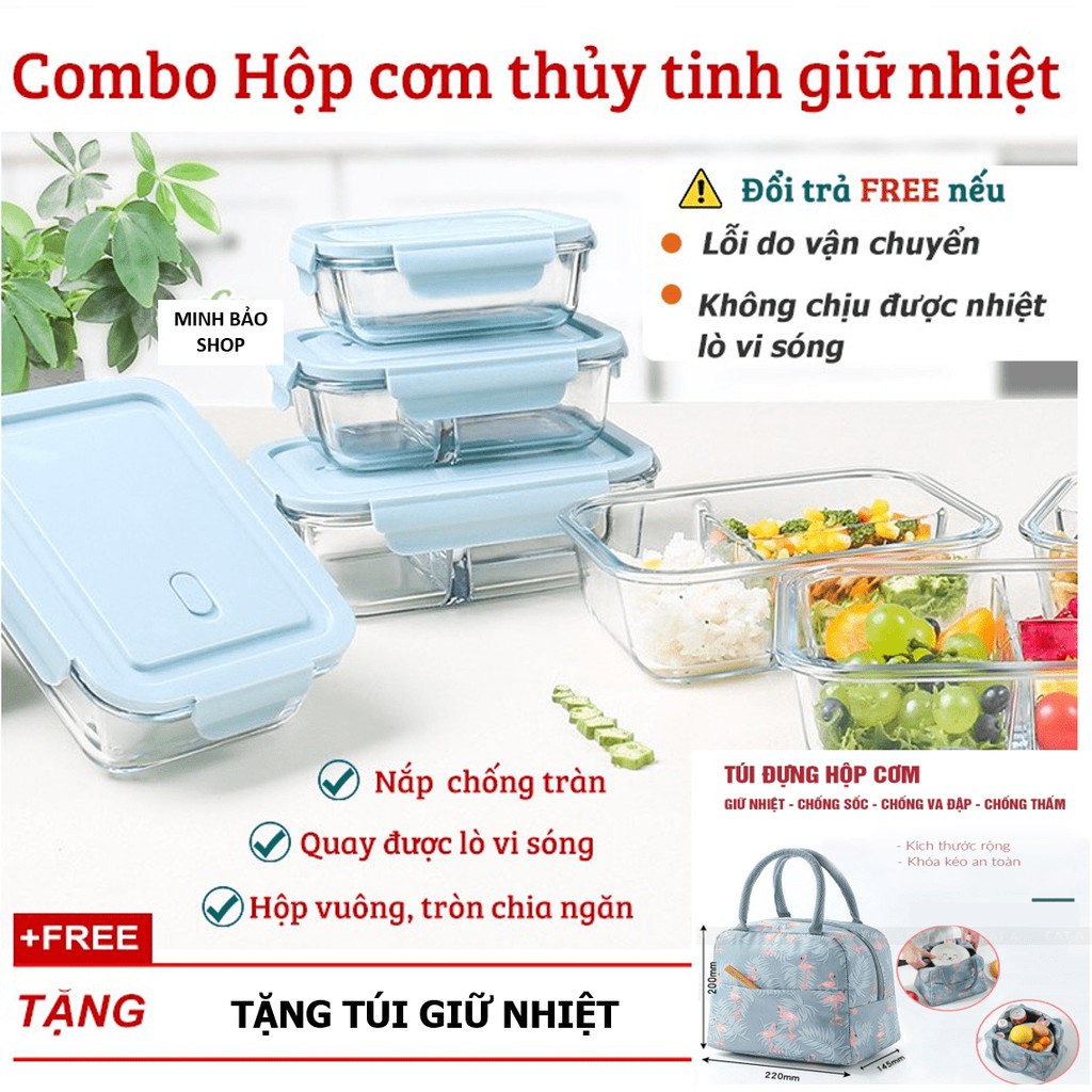 Bộ 2 Hộp Cơm Văn Phòng Thủy Tinh Chịu Nhiệt, Chia Ngăn Tiện Dụng Tặng kèm Túi giữ nhiệt