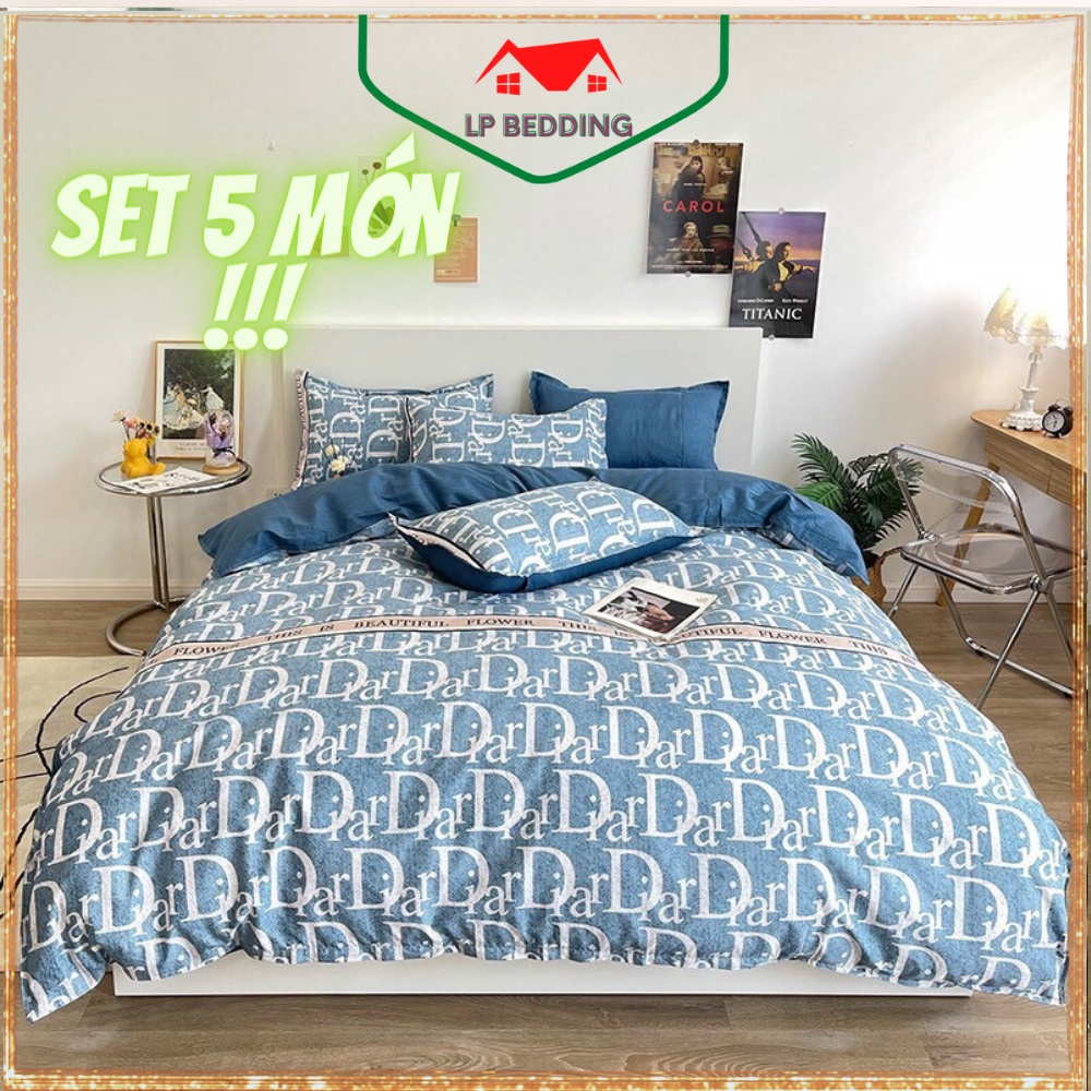 Set 5 món Cotton poly Dior xanh sang chảnh - Miễn phí bo chun mọi kích thước