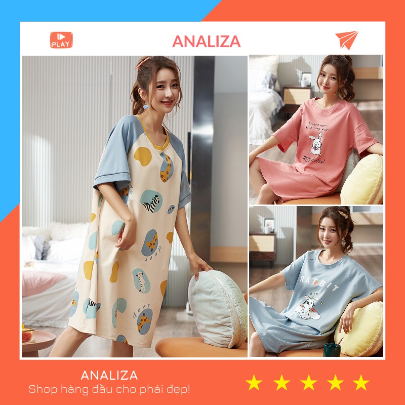 Váy ngủ nữ cộc tay Đầm ngủ dáng xuông cotton cute dễ thương chất mát