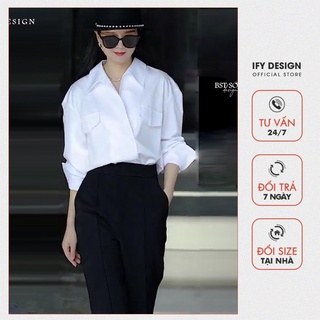 Set sơ mi nữ | áo sơ mi trắng cổ v, quần baggy đen ly trước ify design fs142