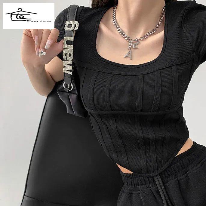 Áo Thun Ngắn Tay Dáng Ôm Thiết Kế Hình Xương Cá Phong Cách Mỹ Quyến Rũ