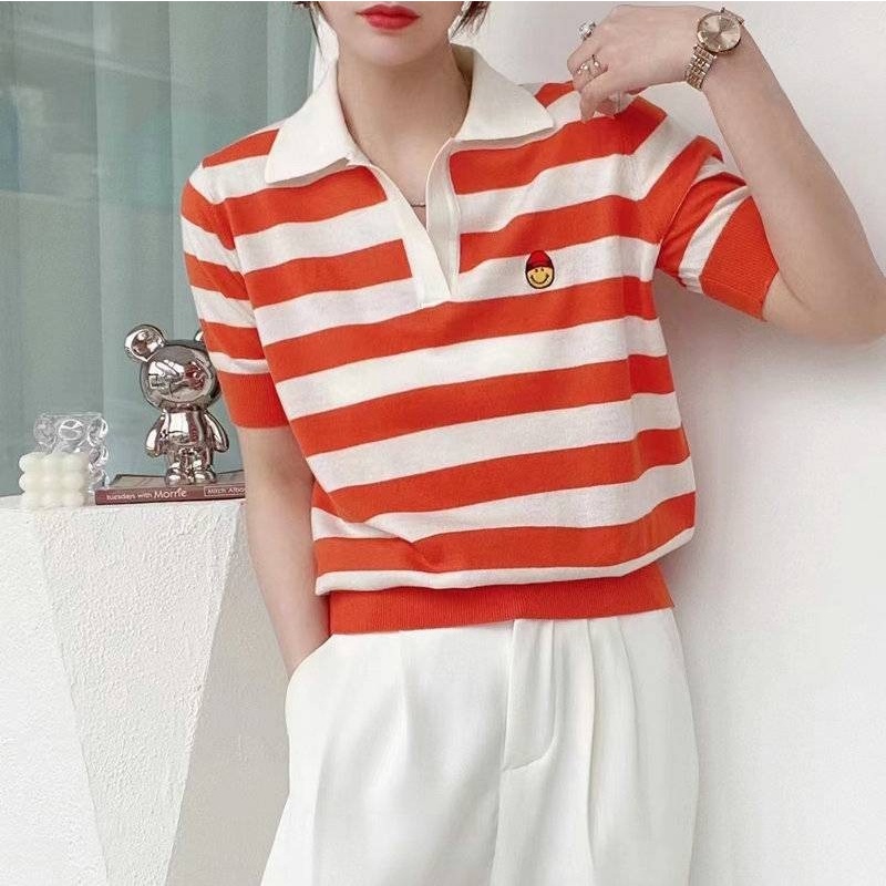 Áo thun ZHELIHANGFEI dệt kim ngắn tay họa tiết kẻ sọc trẻ trung