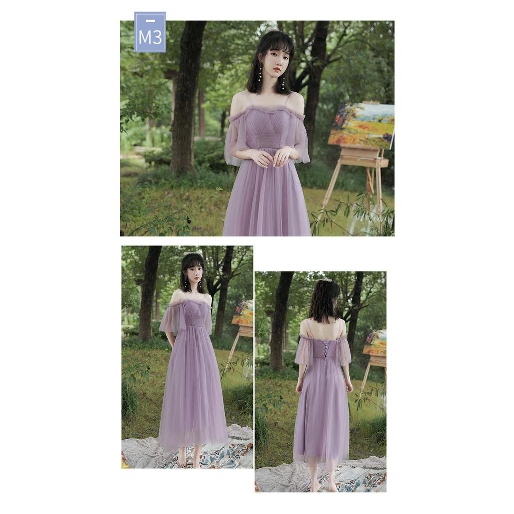 Đầm phù dâu trễ vai màu tím thời trang