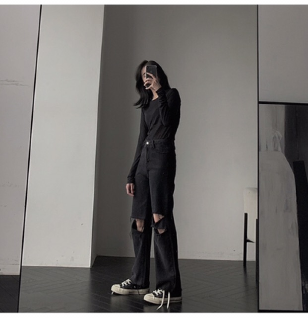 [ORDER Quần jeans rách ống rộng màu đen eo cao Ulzzang siêu chất ❤️ | BigBuy360 - bigbuy360.vn