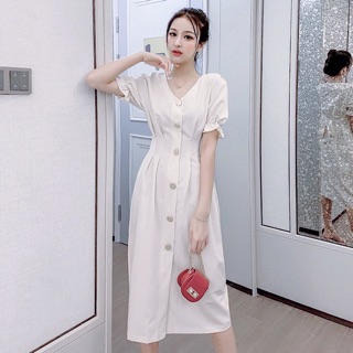 Đầm váy trắng xếp li eo tay nhúng (kèm hình thật)