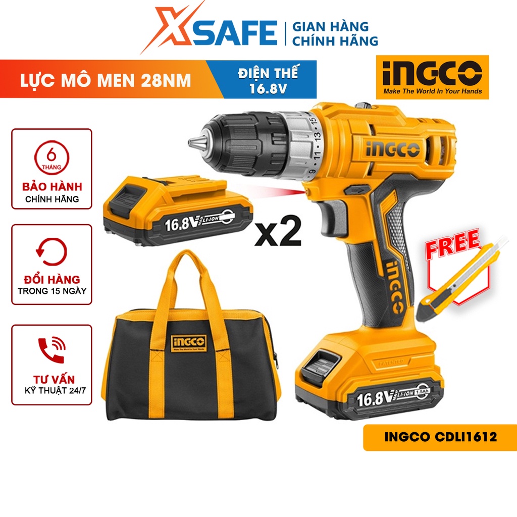 Máy khoan dùng pin Lithium 16.8V INGCO CDLI1612 Kèm 2 pin 1 sạc nhanh tốc độ không tải 0-350/0-1350min