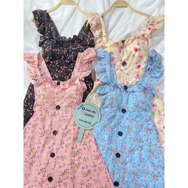 Đầm bông hai dây phối cúc dáng dài đầm maxi bông kèm mút sẵn Linh htt