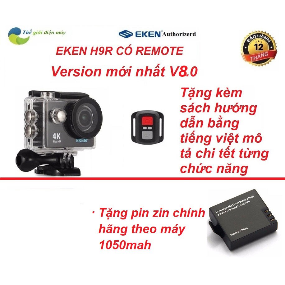 Camera hành trình, hành động Eken H9R version 8.1( 12MP - 4K30) bảo hành 12 tháng, tặng kèm filter đỏ, tặng pin 1050mah