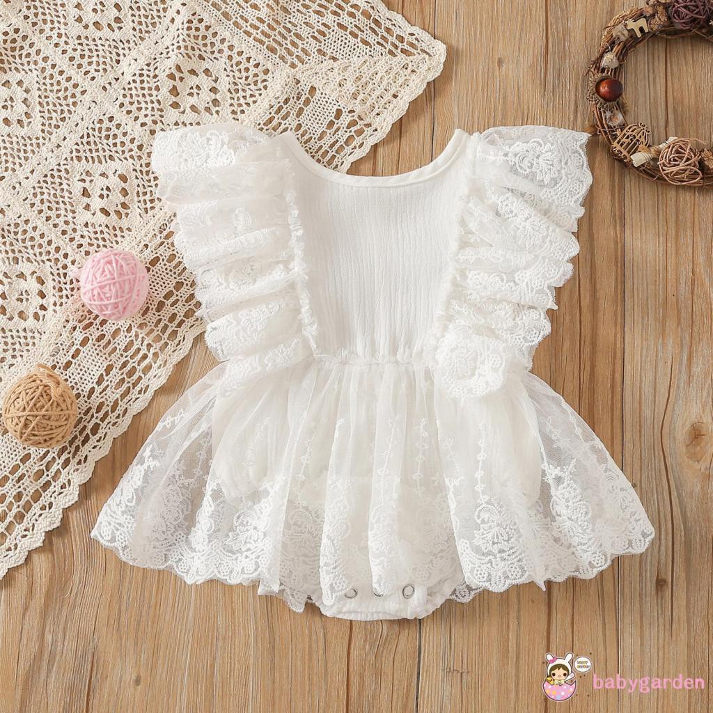 BABYGARDEN-0-18months Baby Girls White Fly Sleeves Round Neck Lace Tutu Romper