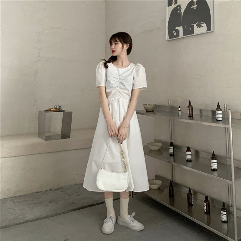 Đầm nữ ngắn tay cổ tròn eo thắt dây thời trang