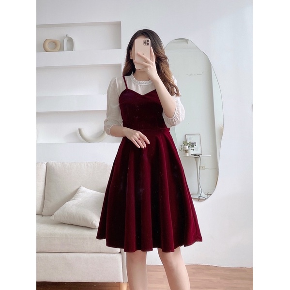 váy yếm nhung xoè phối tơ mềm mịn đứng dáng