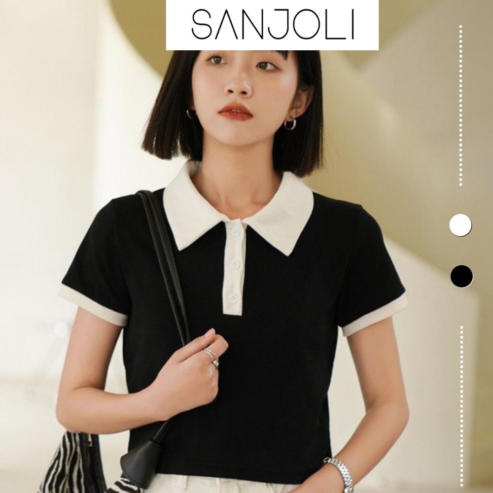 Áo croptop nữ Sanjoli cổ polo vải cotton crt ngắn tay thun đẹp co giãn thoáng mát màu trắng đen AO015