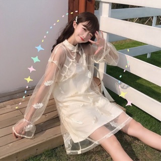 Váy mix lưới cổ tàu