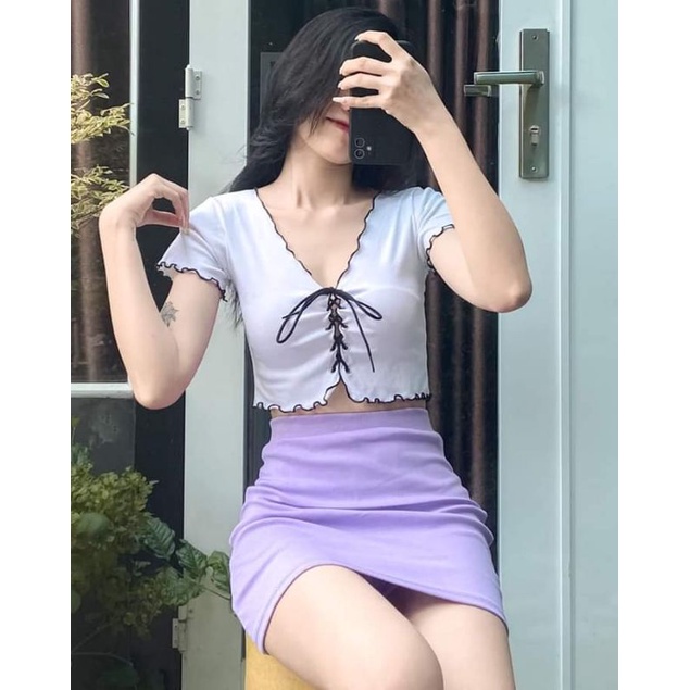 Áo croptop viền bèo đan dây Ulzzang