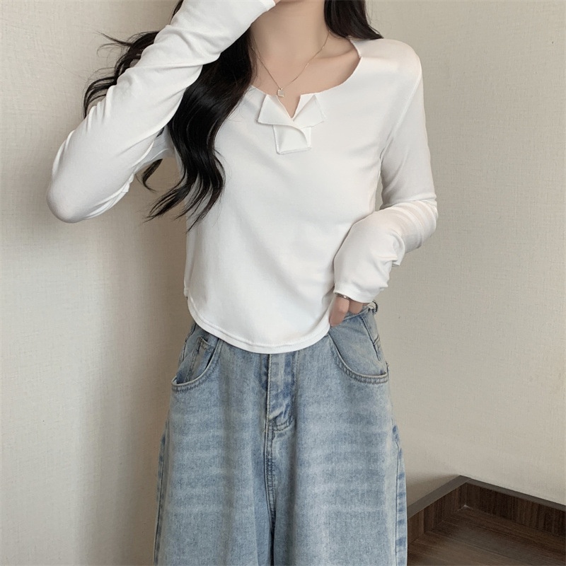 Áo Thun Nữ Dài Tay Cổ Chữ V Vạt Không Đều Phong Cách Hàn Quốc