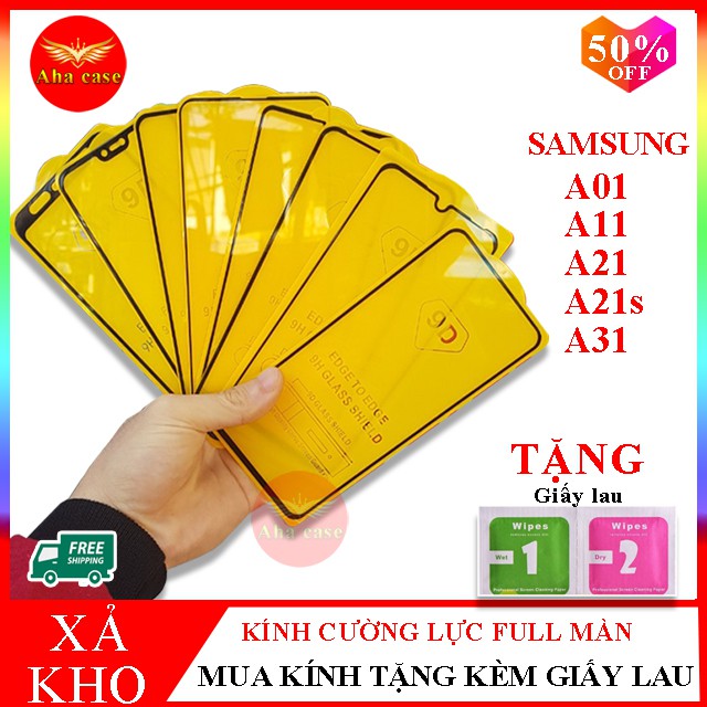 Kính cường lực Samsung [Giá rẻ+Free Ship] Cường lực Samsung A01, A11, A21, A21s, A31, Kính 9d Full màn + Tặng giấy lau