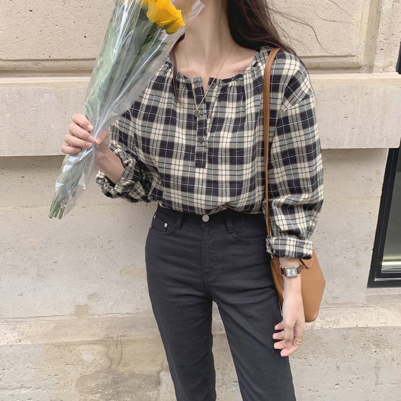 SUXI Áo Sơ Mi Caro Tay Dài Phong Cách Hàn Quốc