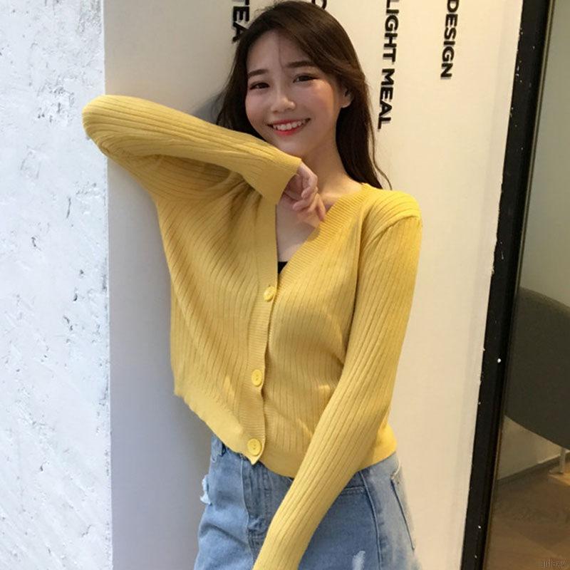 Áo Cardigan Dệt Kim Tay Dài Cổ Chữ V Màu Trơn Phong Cách Hàn Quốc Thanh Lịch | BigBuy360 - bigbuy360.vn