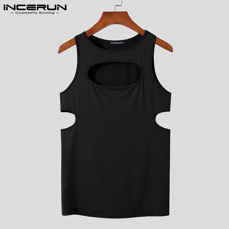 Áo ba lỗ INCERUN không tay dệt rỗng ôm dáng vừa vặn màu trơn cho nam