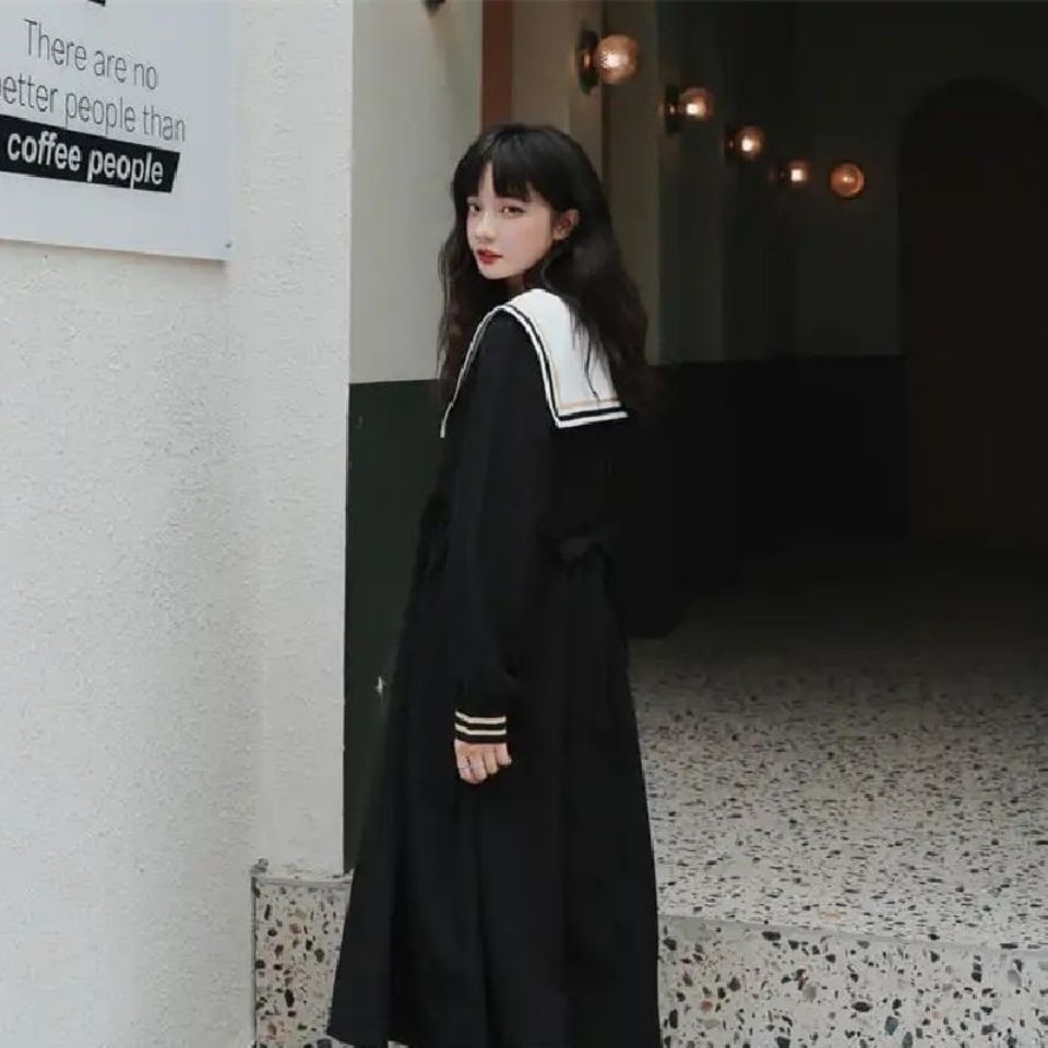 Đầm đen dáng rộng cổ hải quân phong cách Nhật Bản Hàn Quốc thời trang mùa thu cho nữ
