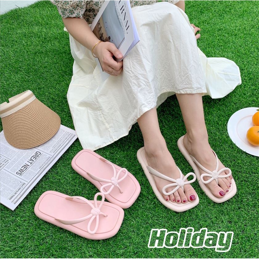 Dép Xỏ Ngón Đế Bánh Mì Hoạ Tiết Thắt Nơ Siêu Êm Chống Nước