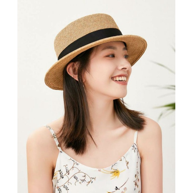 Nón nữ đi biển đẹp vành nhỏ mũ cói chống nắng UV nơ đen panama Lh0917399527