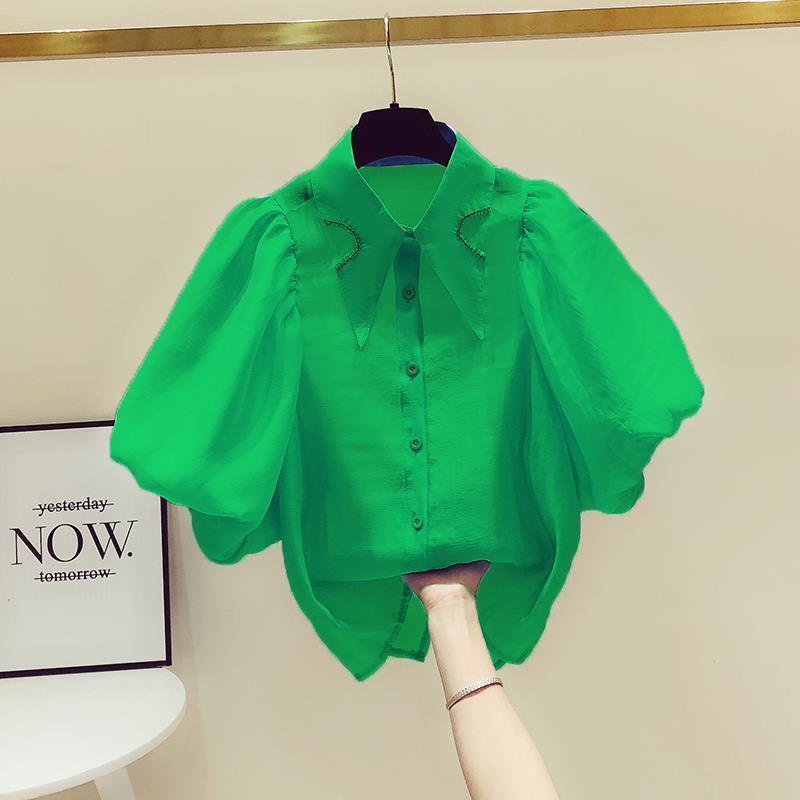 Áo Sơ Mi Tay Phồng Cổ Búp Bê Đính Đá Phong Cách Hong Kong Thời Trang Mùa Hè Cho Nữ
