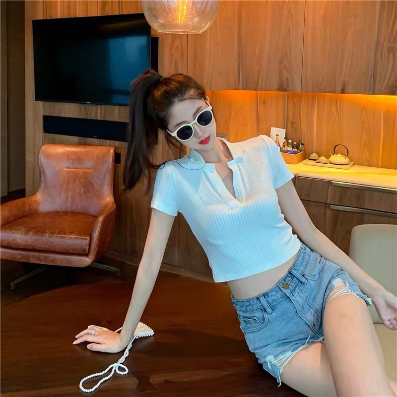 Áo Polo crotop cổ V co giãn kèm hình thật