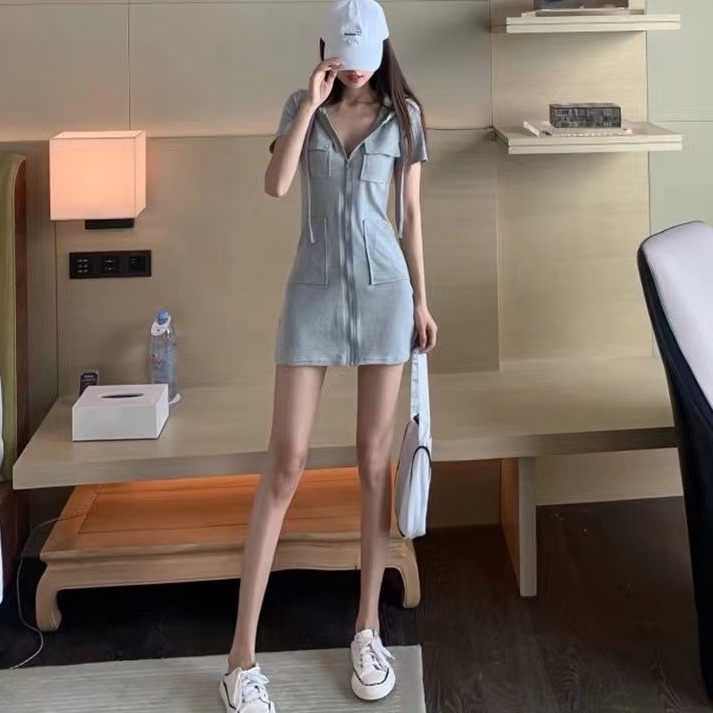 Đầm Nữ hoodie Dáng Ngắn Phối Khóa Kéo Phong Cách Hàn Quốc Thời Trang Cho váy WT-LYQ-30