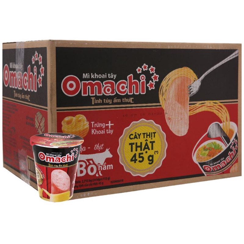 Thùng 24 ly mì Omachi xốt bò hầm/ tôm chua cay/ sườn ngũ quả (có cây xúc xích thật) 113g